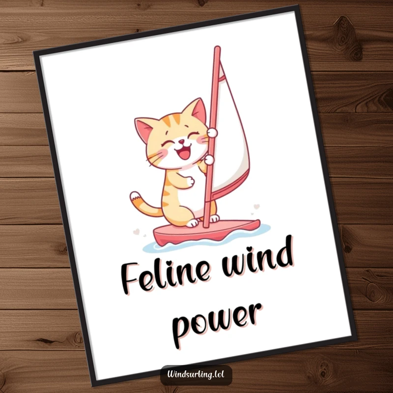 Funny, cheerful cat enjoying windsurfing, depicted in a bright, artistic style, perfect for wall decor.