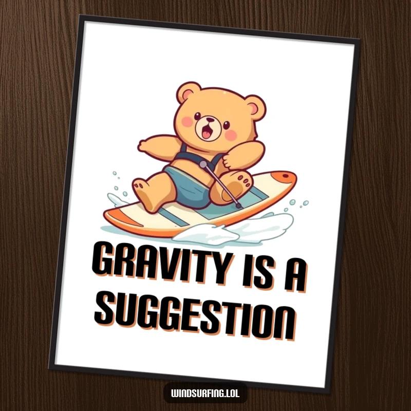 Funny poster depicting a clumsy bear mid-air after falling off a windsurfing board, capturing a moment of comical panic.
