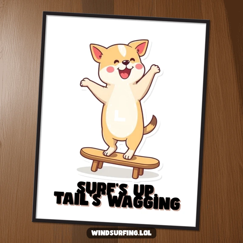 Funny Poster of a dog with incredible balance riding a surfboard, tail wagging, radiating pure happiness and skill.
