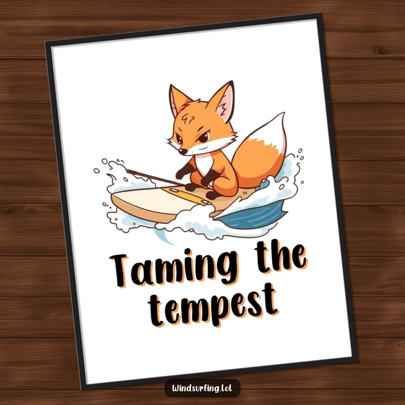 Funny fox poster of a determined fox steering a surfboard through choppy water, creating an inspiring and humorous piece.