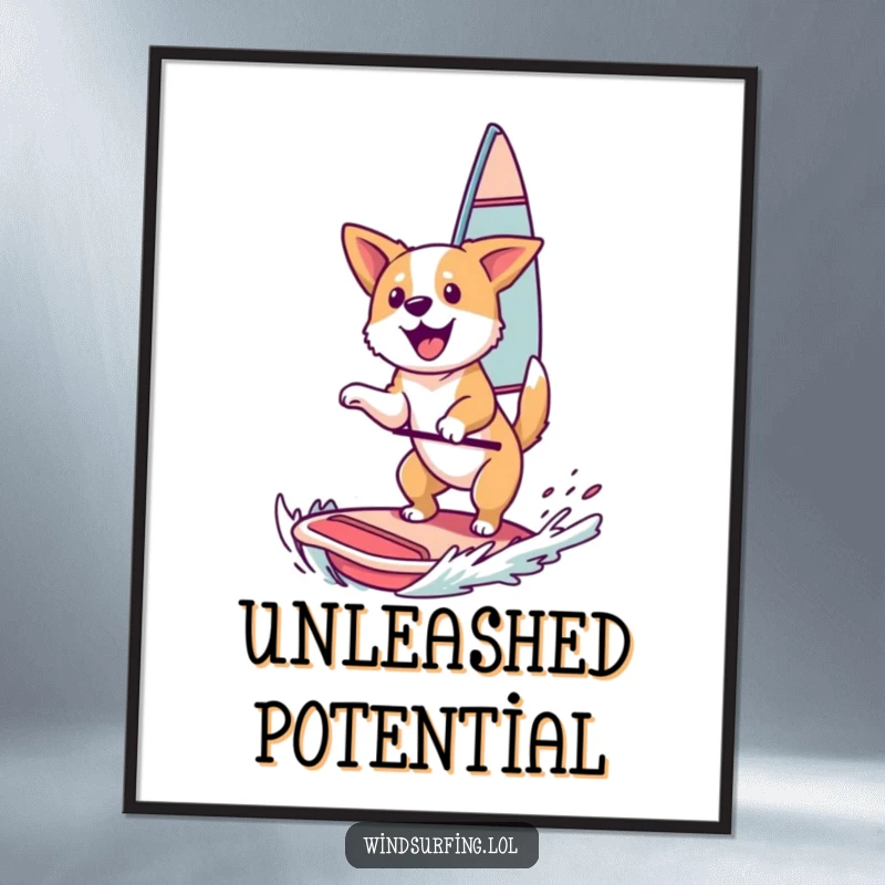 Funny Poster: A happy dog leaping into the air while windsurfing, capturing a moment of pure canine exhilaration.