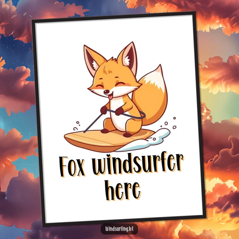 Funny poster of a curious fox windsurfing with its tongue sticking out, capturing a moment of playful mischief.