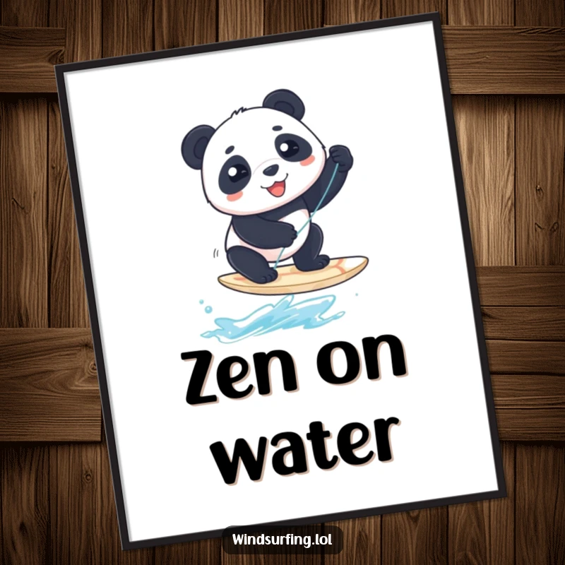 Funny Poster: A beaming panda balances precariously on a windsurfing board, a humorous piece of art.