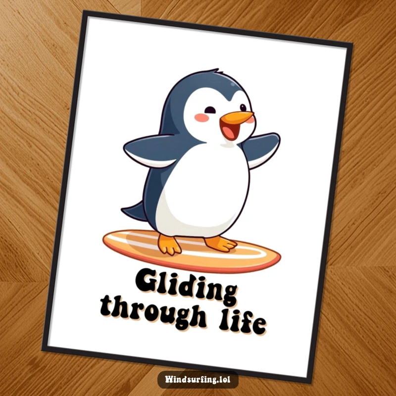 Funny Penguin Surfing Poster: A joyful penguin glides on a surfboard, arms spread, capturing the freedom of the sea.
