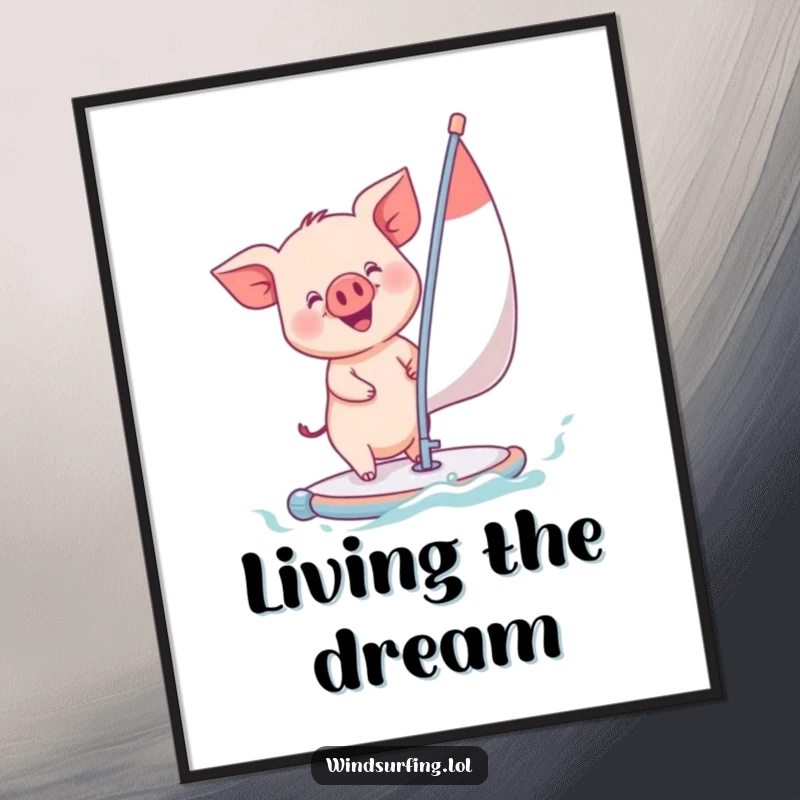 Funny piglet windsurfing gleefully on a small sail, captured in a whimsical poster, bringing cheerful and playful humor to wall decor.