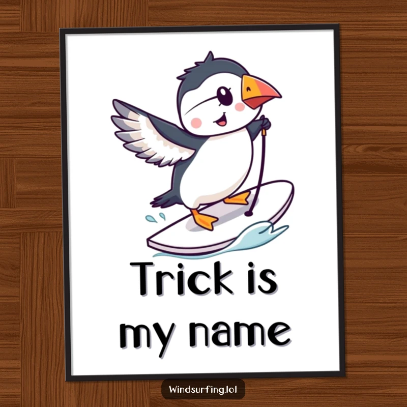 Funny puffin performing a trick on a windsurfing board, cartoon ocean scene, vibrant and humorous wall art.
