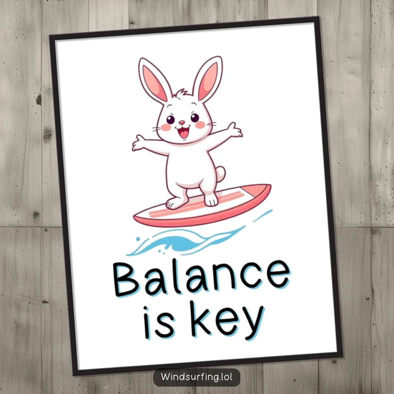 Funny rabbit windsurfer poster, a cheerful hare depicted balancing arms outstretched on a windsurf board, adding a humorous touch to decor.