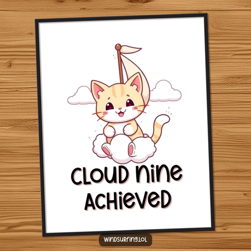 Funny poster of a smiling cat sailing with its sail, playfully catching a fluffy white cloud in a dreamlike setting.