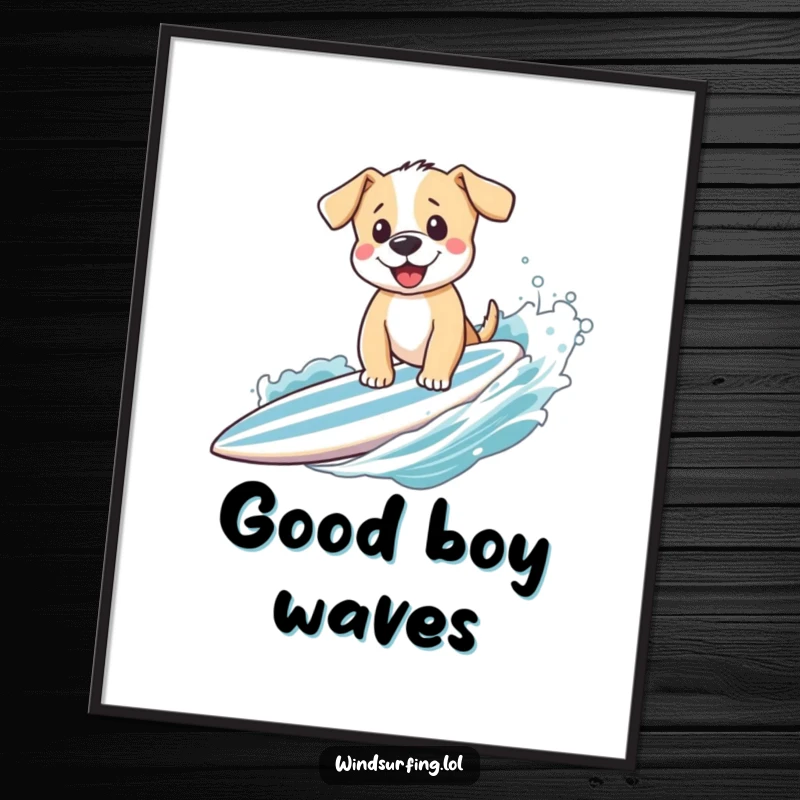 Funny puppy surfing with a happy wave, captured in a vibrant poster print, radiating excitement and canine charm for wall decor.