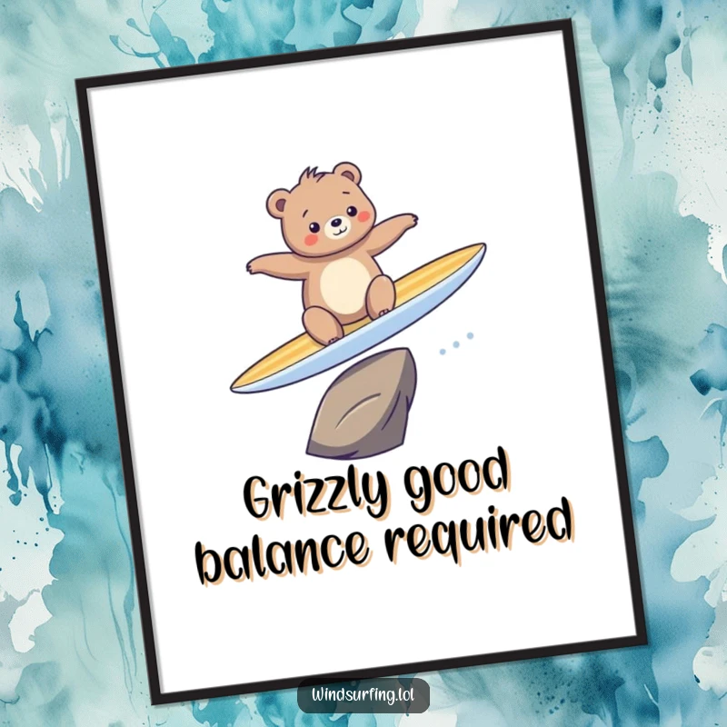 Funny poster featuring a bear comically failing at surfing on a surfboard, full of action and humorous expression.