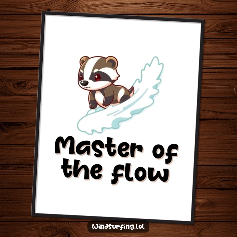 Funny badger poster of a brave badger smoothly surfing a wave, creating a cool, relaxing, and adventurous wall art piece.