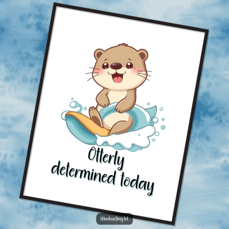 Funny otter surfing poster with a cheerful otter looking determined while riding a large ocean wave.