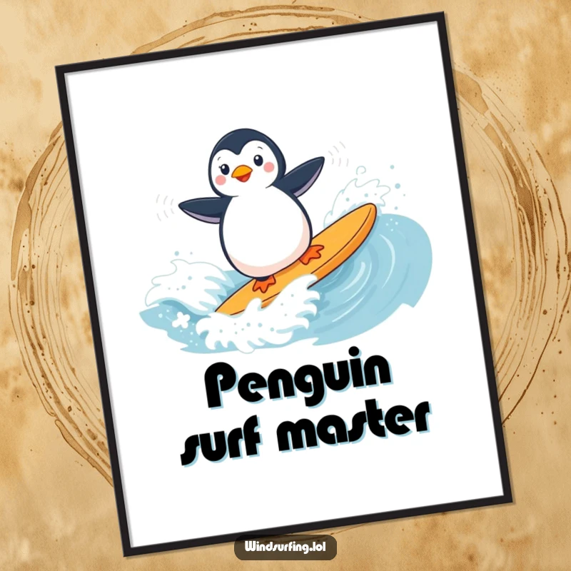 Funny penguin in action, windsurfing a big wave, presented as a high-quality art print for your wall.