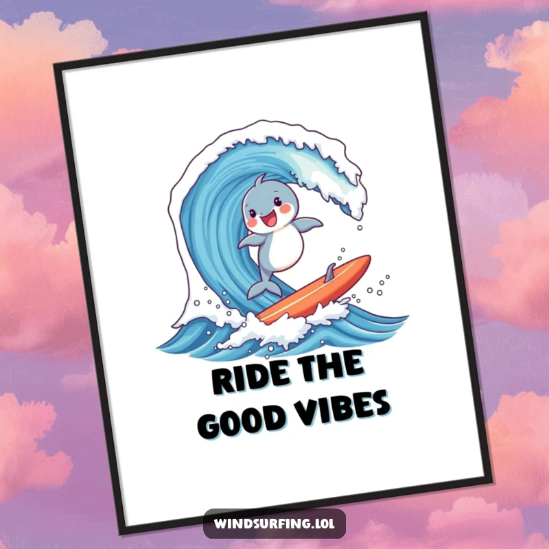Funny poster depicting a joyful dolphin masterfully surfing a huge wave on a board, capturing the excitement of the ocean.