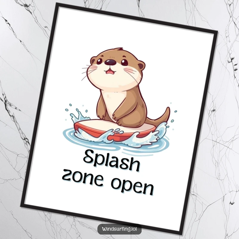Funny poster depicting a surprised otter splashing water while riding a sailboard, creating a whimsical and energetic water scene.