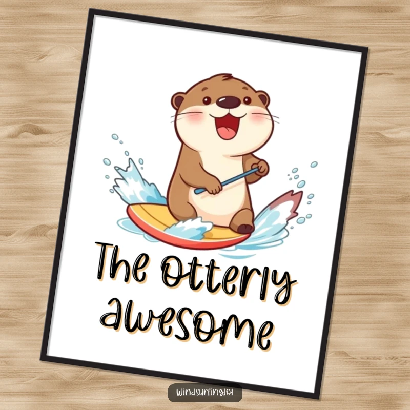 Funny otter splashing water while windsurfing on a board, captured in a humorous and dynamic art print full of aquatic joy.