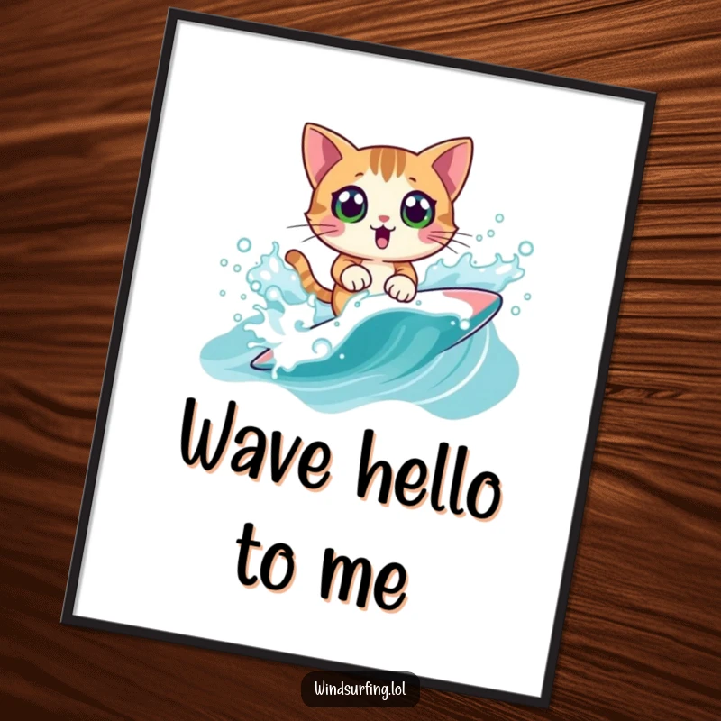 Funny Poster: A surprised cat windsurfing dramatically, splashing through a wave, bringing coastal humor to any room, a great funny gift.