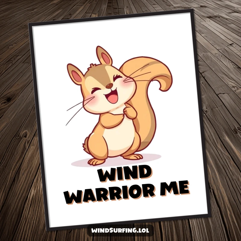 Funny poster of a happy squirrel dramatically leaning into a strong wind, conveying humor through nature's force.