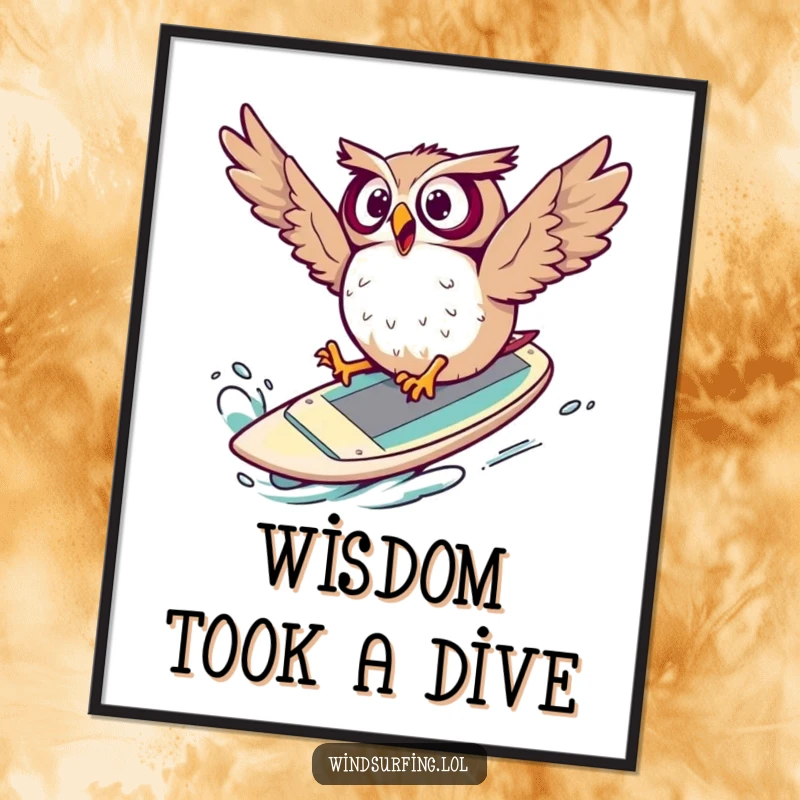 Funny Poster of a surprised owl flailing mid-air after falling off a windsurf board, a comical depiction of a wipeout.
