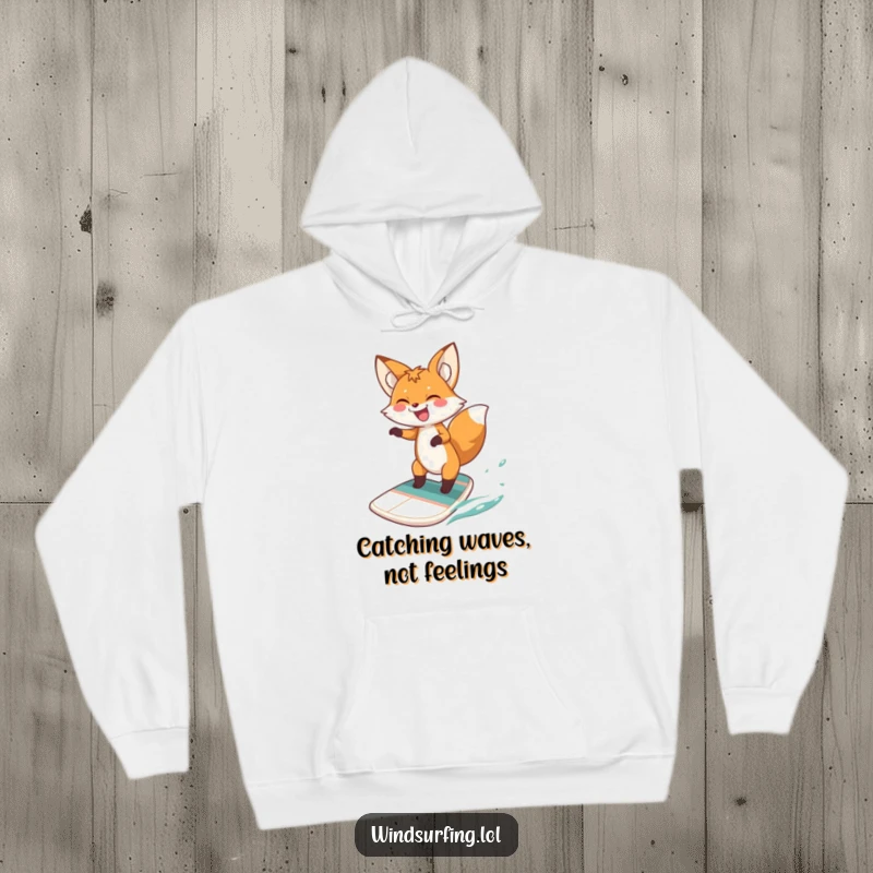 Funny fox windsurfing hoodie, playful fox leaping on a board, laughing hysterically, perfect for cold weather and laughter, great gift.