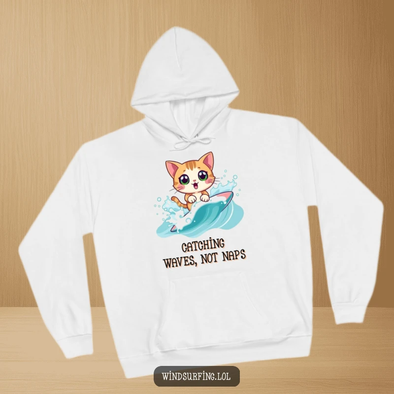 Funny Hoodie: A surprised cat on a windsurf board, mid-splash, bringing cozy comfort after aquatic chaos, a fun funny gift.