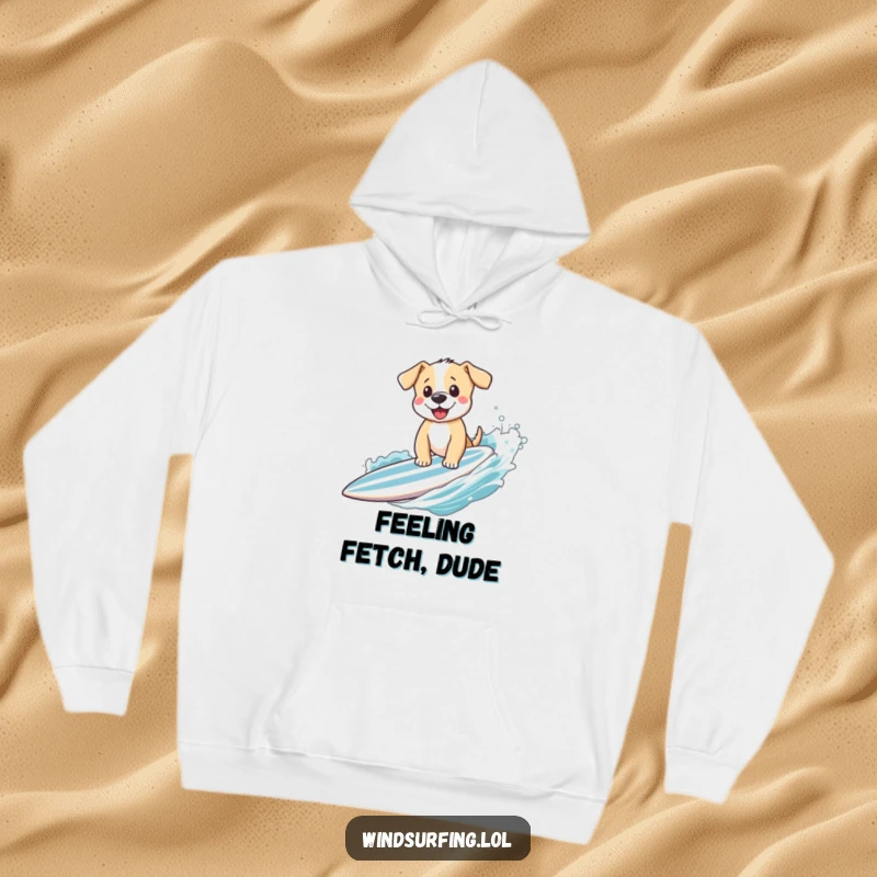 Funny puppy waving from a surfboard, depicted on a warm hoodie, radiating adventurous spirit and heartwarming, playful humor.