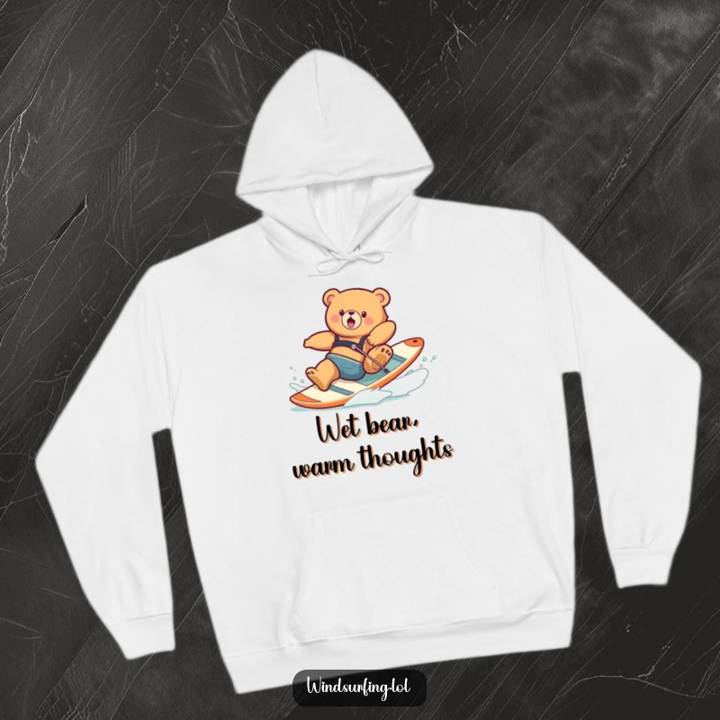 Funny hoodie featuring a clumsy bear mid-tumble from a windsurfing board, expressing exaggerated surprise and motion.