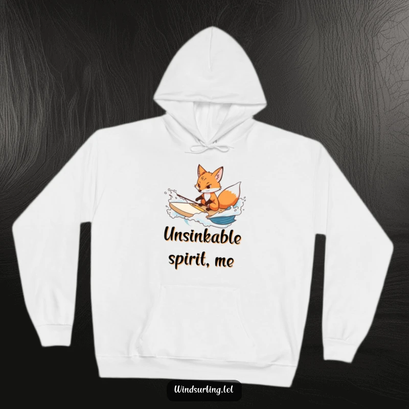 Funny fox hoodie showing a determined fox steering a surfboard through choppy water, embodying resilience and focus.