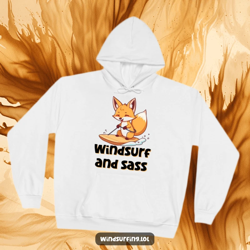 Funny hoodie with a curious fox windsurfing with its tongue out, offering comfort and humorous, adventurous style.