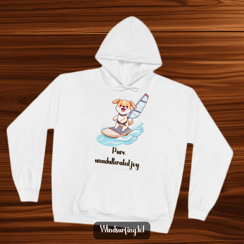Funny Hoodie: A happy dog windsurfing, catching air with a smile, offering cozy comfort after aquatic excitement, a fun funny gift.