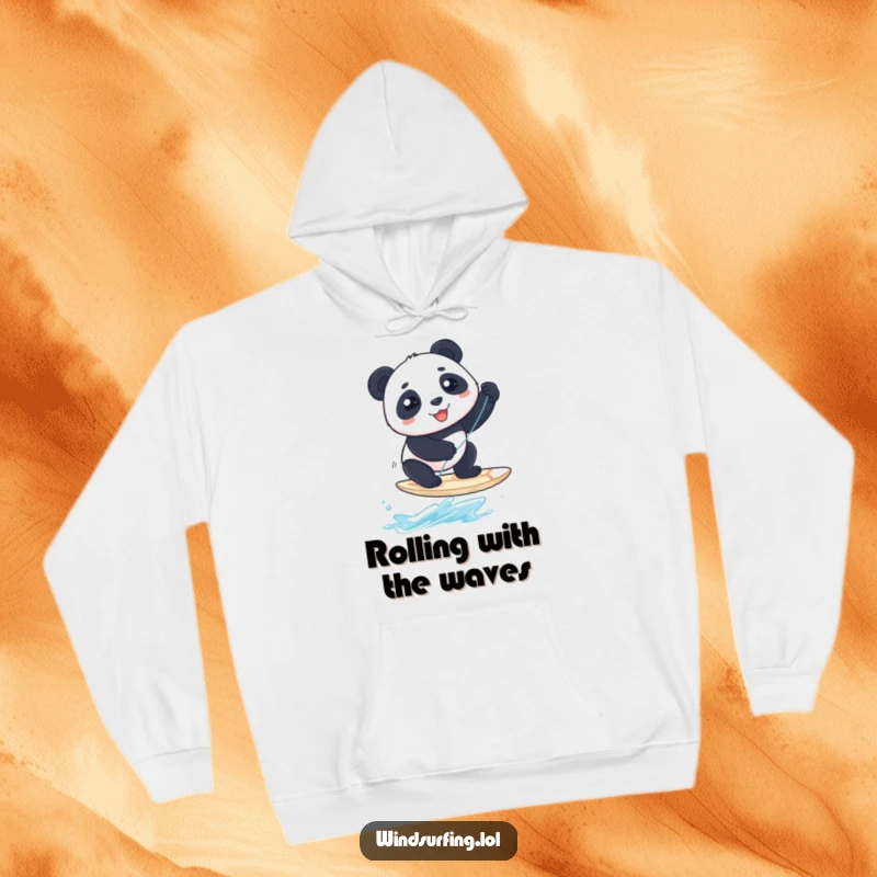 Funny Hoodie: A smiling panda wobbles on a windsurfing board, a funny image of adventure and good cheer.