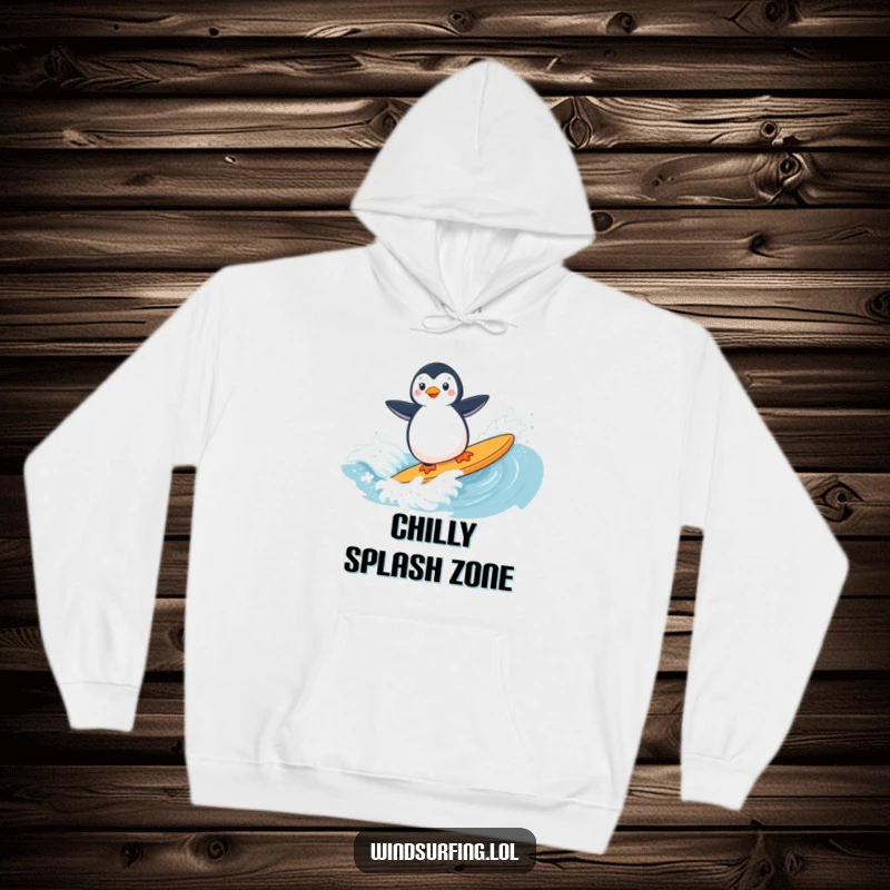 Funny penguin in a windsurfing stance, braving a choppy wave, depicted on a warm and comfortable hoodie.