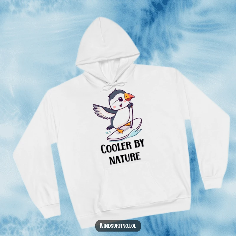 Funny puffin on a windsurfing board performing a trick, cartoon hoodie design, cozy and humorous style.
