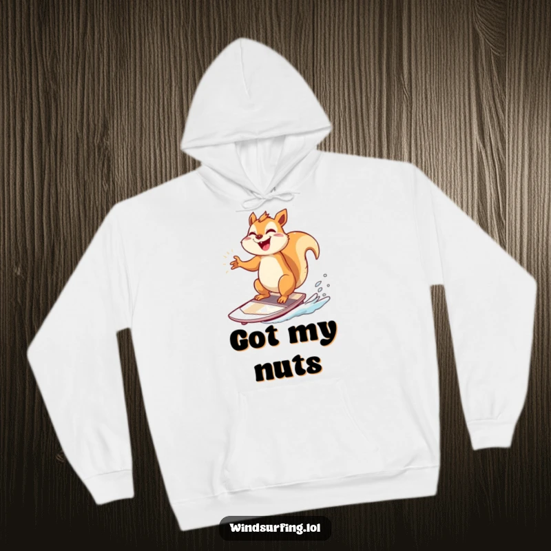 Funny Hoodie: A giggling squirrel poses triumphantly on a windsurfing board, a funny image of victory and cheer.