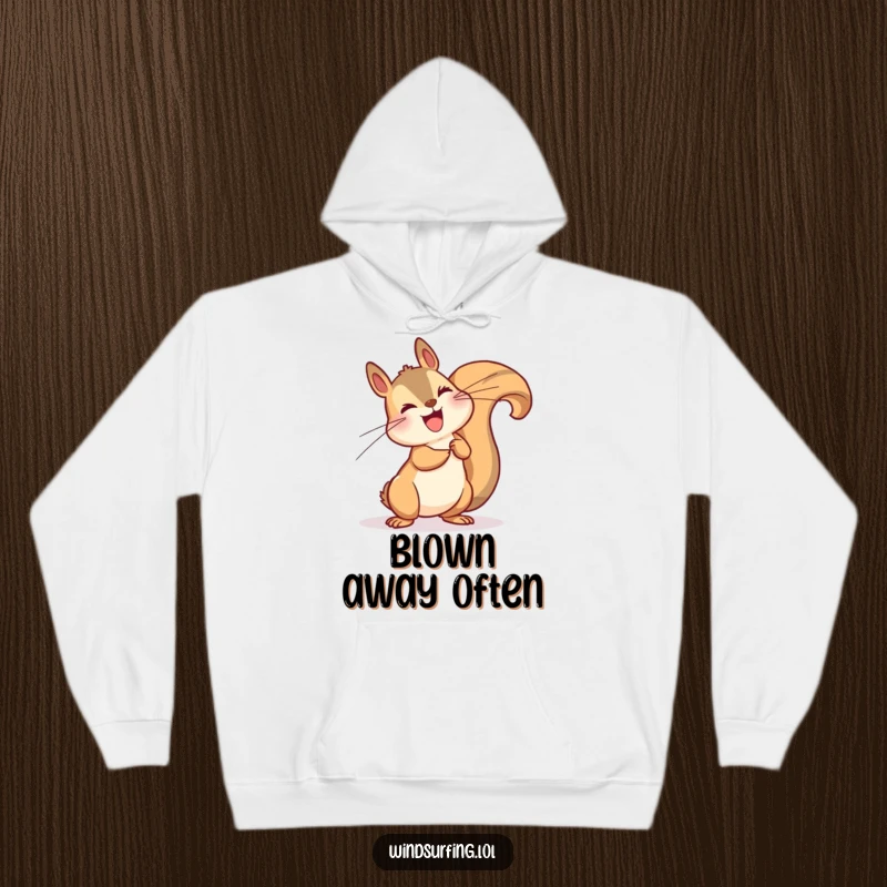 Funny hoodie with a happy squirrel dramatically leaning into a strong wind, perfect for outdoor comfort and humorous style.