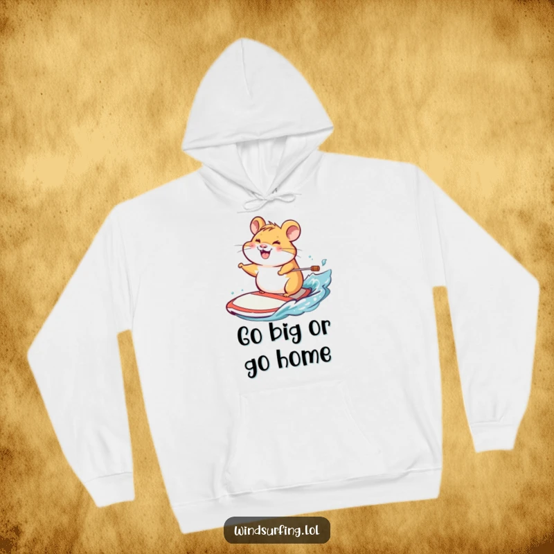 Funny hoodie showing a cheerful hamster grinning from ear to ear while steering a windsurf board with skill.