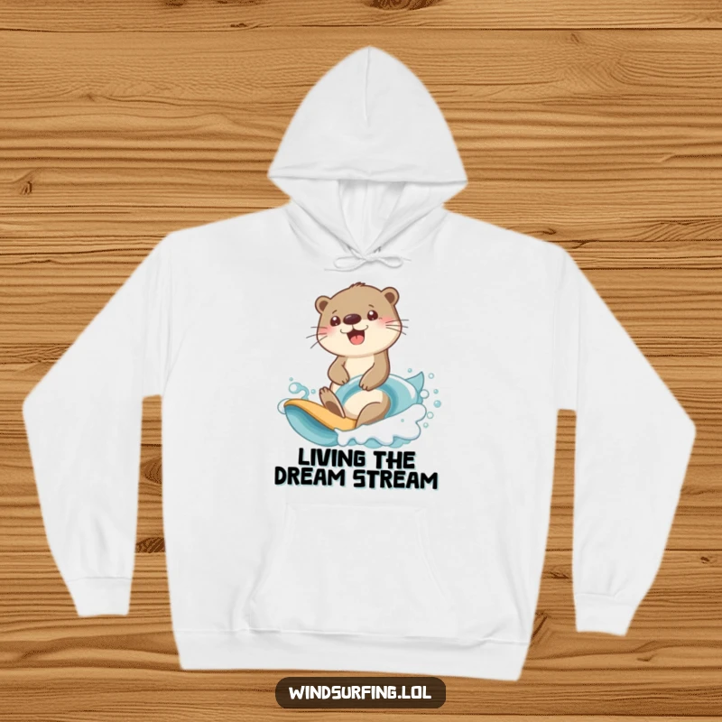 Funny otter surfing hoodie with a cheerful otter shown determinedly riding a powerful ocean wave.