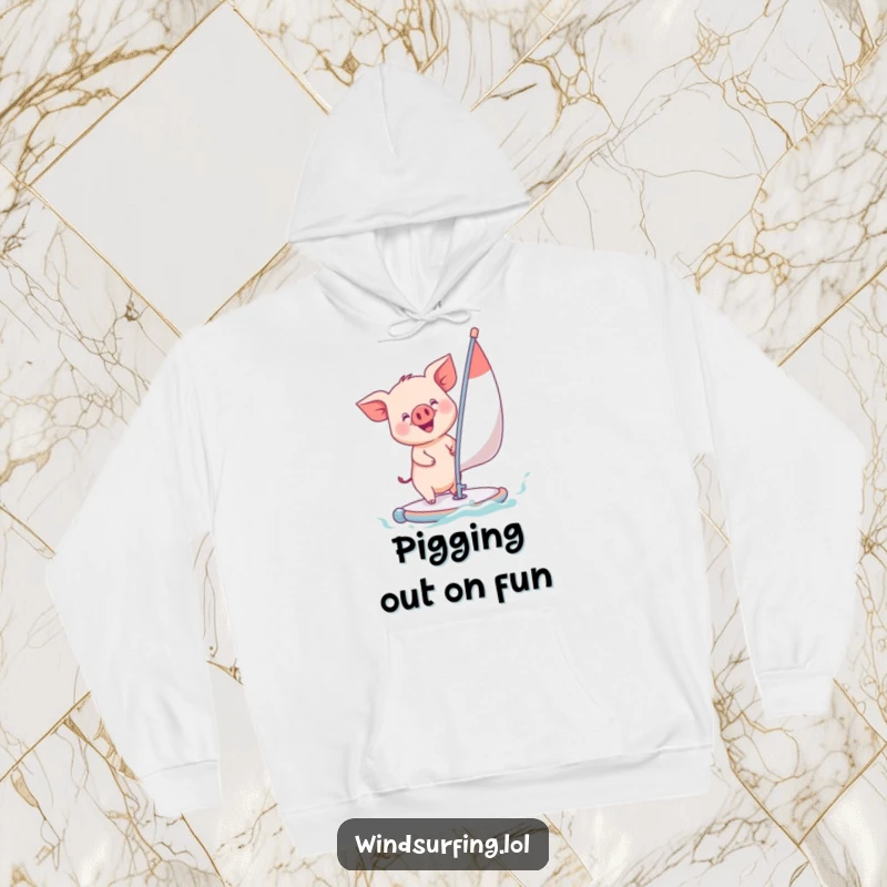 Funny piglet with an infectious grin, windsurfing on a small sail, depicted on a warm hoodie, radiating cozy and playful vibes.