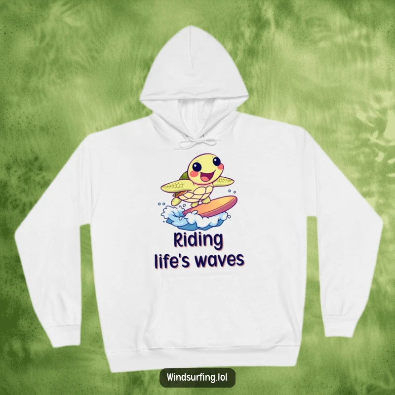 Funny hoodie depicting a joyful sea turtle surfing a small wave with delight. Cozy beach-themed humor.