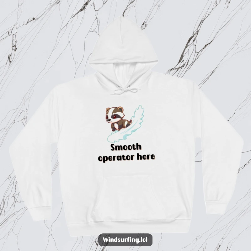 Funny badger hoodie with a brave badger smoothly surfing a wave, embodying a cool, relaxed, and confident attitude.