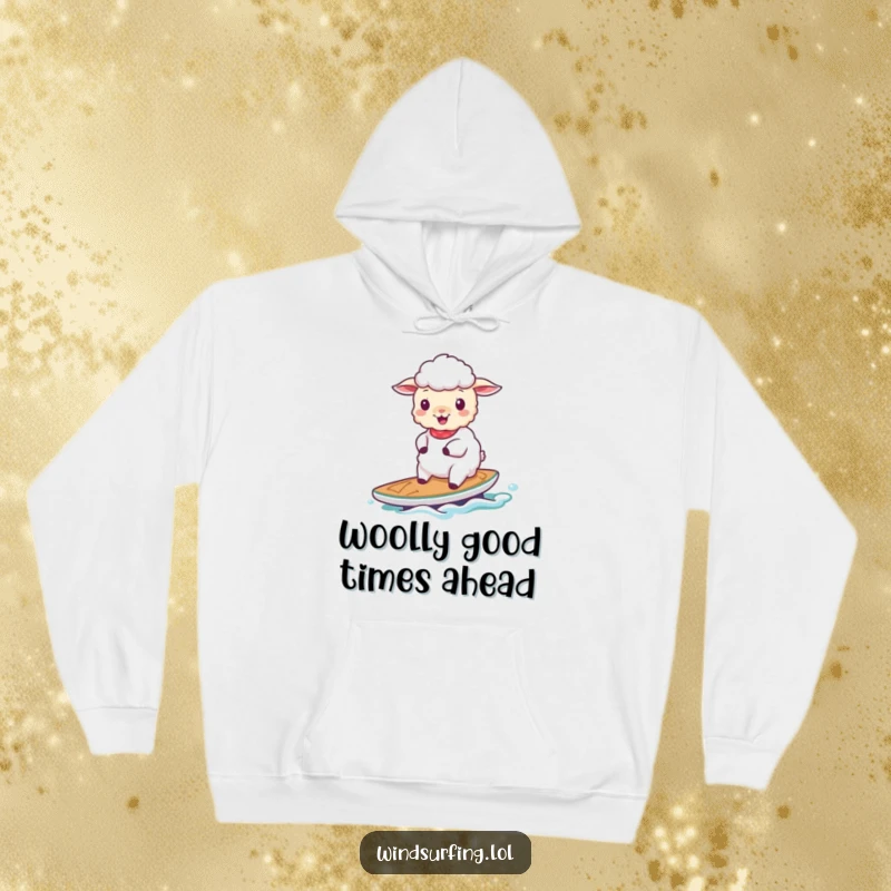 Funny cheerful sheep sailing on a small board, depicted on a cozy hoodie for ultimate relaxation and humor.