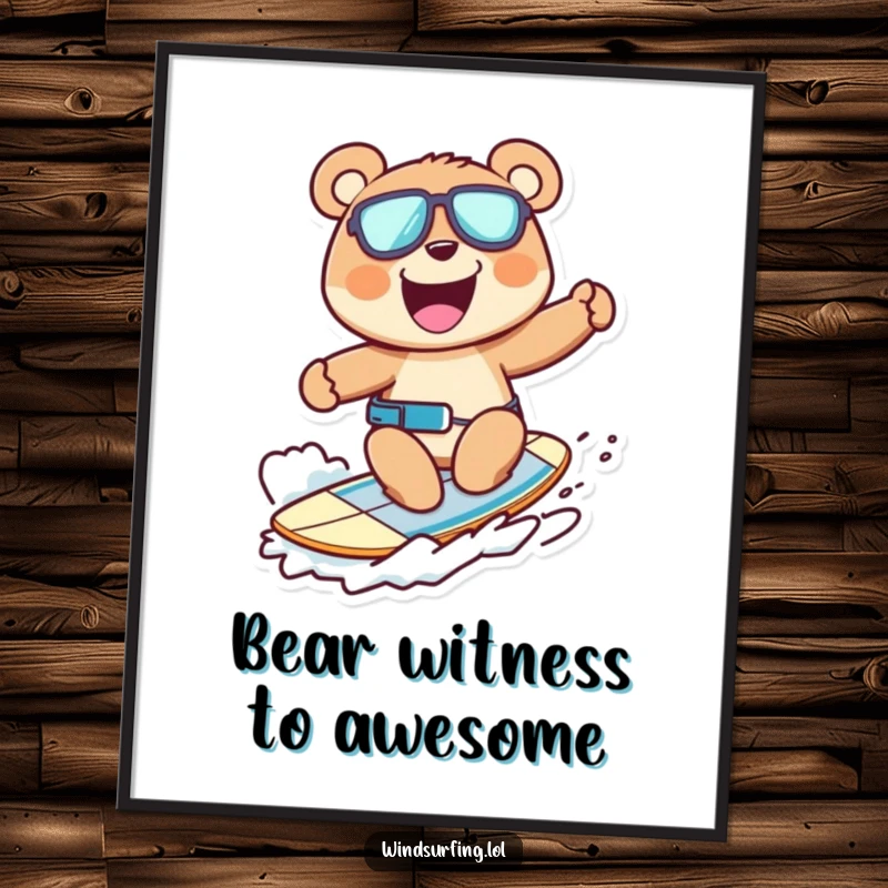 Funny Free Printable Wall Art: Cheerful bear zooming on a windsurfing board, wide grin. Humorous downloadable home decor.