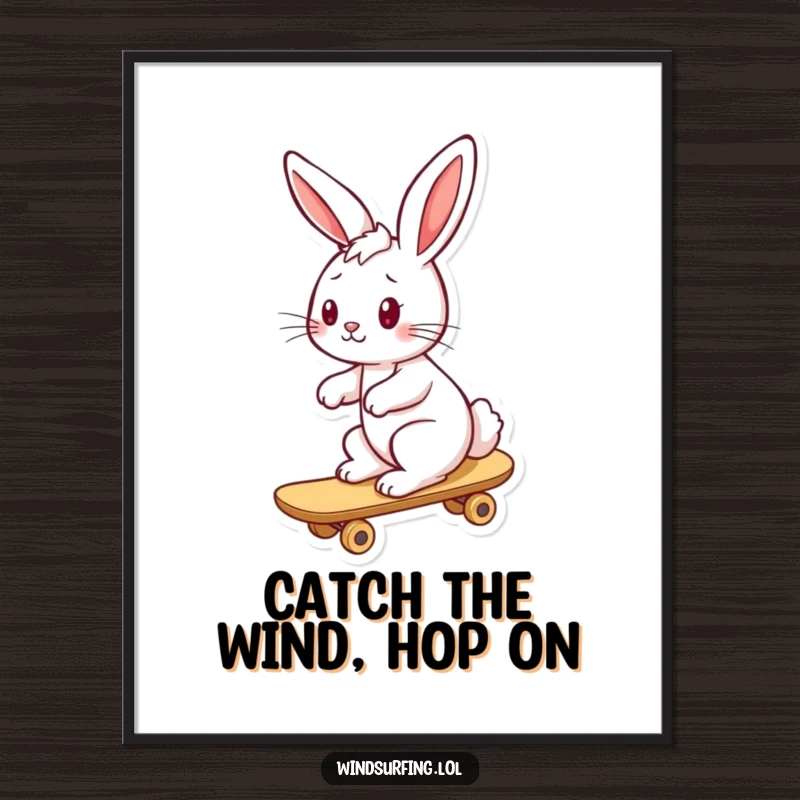 Funny Free Printable Wall Art: A happy bunny with windblown ears, riding a board with pure bliss.