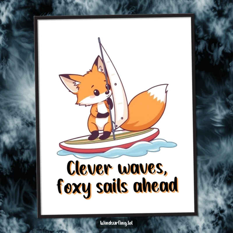 Funny Free Printable Wall Art: A curious fox is focused on adjusting its sail on a small surfboard, embodying clever preparation.