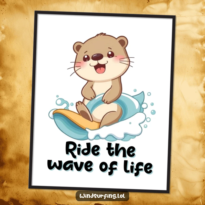 Funny Free Printable Wall Art: Otter with a determined look confidently riding a breaking wave.