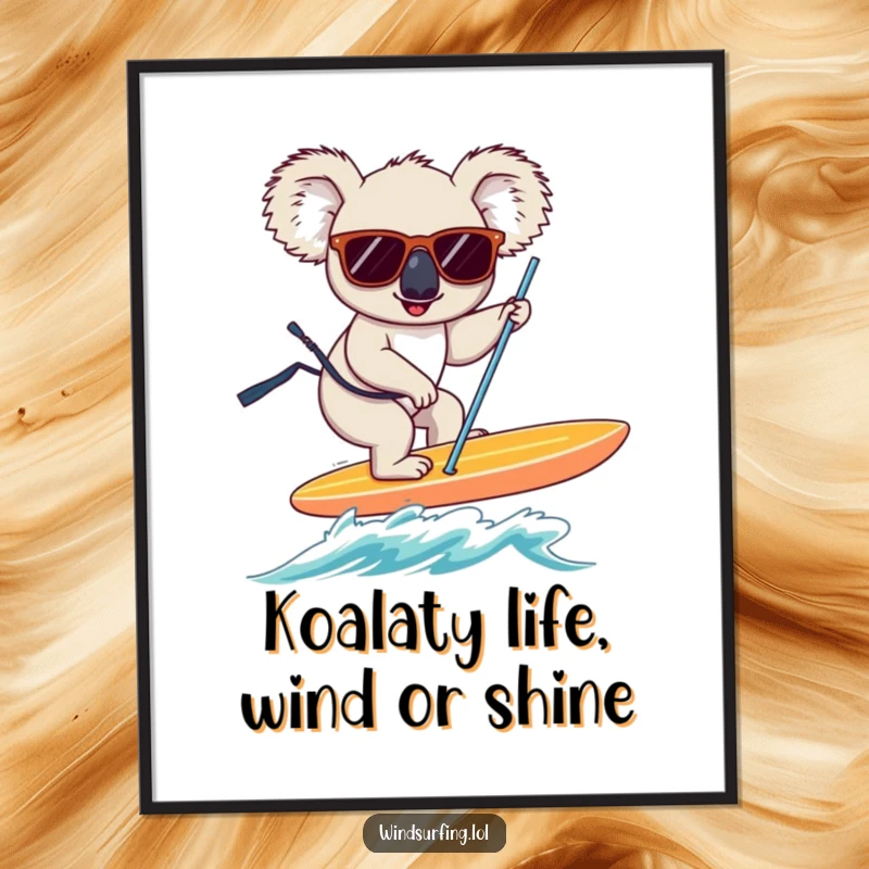 Funny Free Printable Wall Art: Koala in sunglasses masterfully windsurfing, radiating cool confidence and humor.