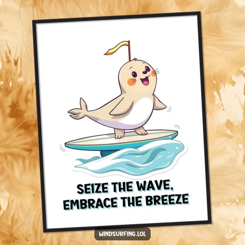 Funny Free Printable Wall Art: A happy seal is perfectly balanced on a surfboard, wind catching its sail, conveying pure surfing bliss.