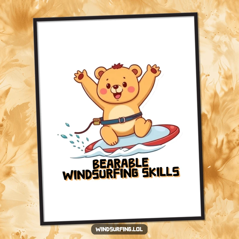 Funny Free Printable Wall Art: A happy bear windsurfing with arms raised in joy, bringing a fun, adventurous spirit to any wall.