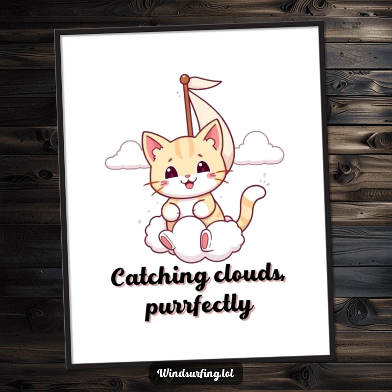 Funny Free Printable Wall Art: A smiling cat sailing with a cloud as a sail, creating a dreamy and humorous scene.