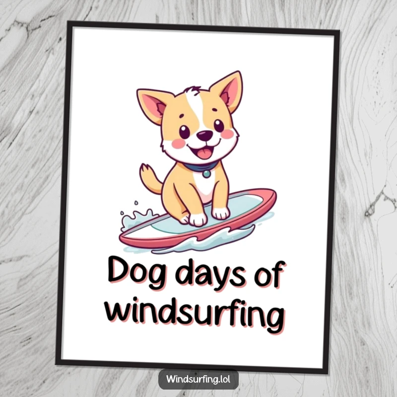 Funny Free Printable Wall Art: Joyful dog happily windsurfing, tail wagging with delight. Humorous downloadable home decor.